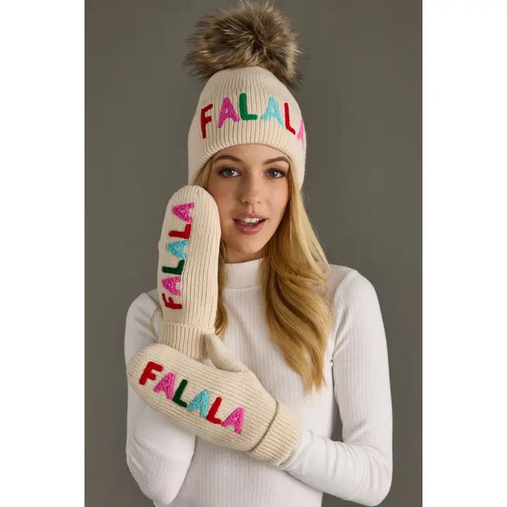 Beige Knit Mittens – “FA LA LA” Design - Juli's Wearable Art