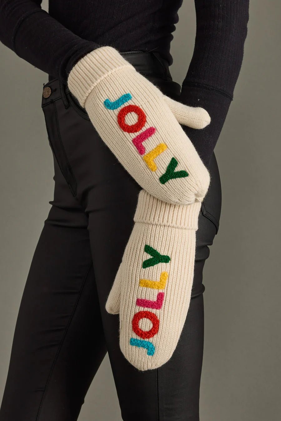 Beige Knit Mittens – “JOLLY” Design - Juli's Wearable Art
