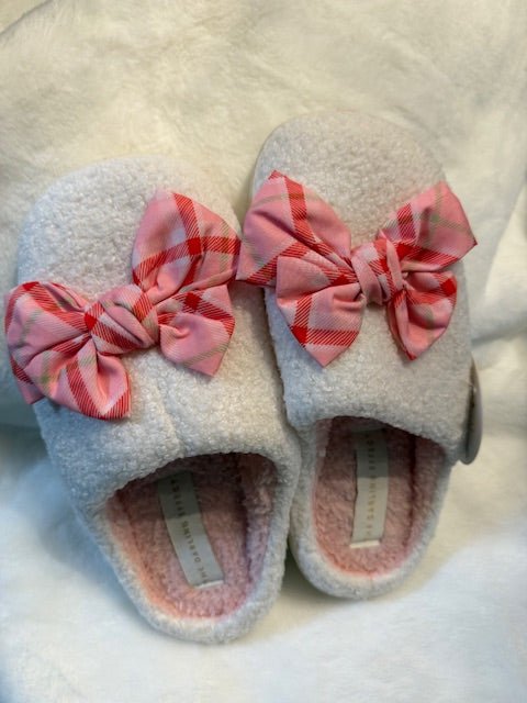 Betty Bow Fuzzy Slippers - Festive Plaid - Juli's Wearable Art