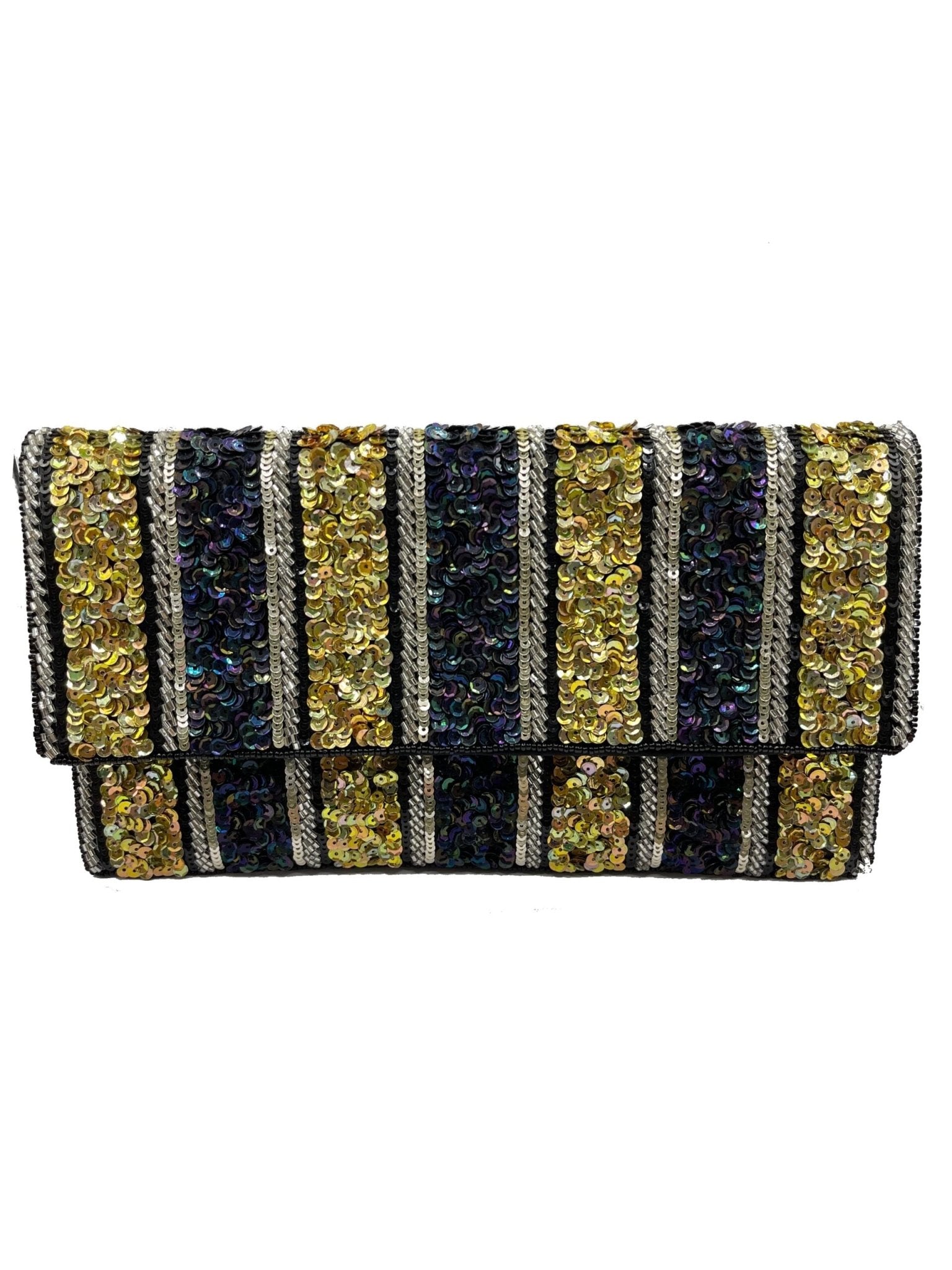 BLACK, GOLD & SILVER STRIPES BEADED CLUTCH