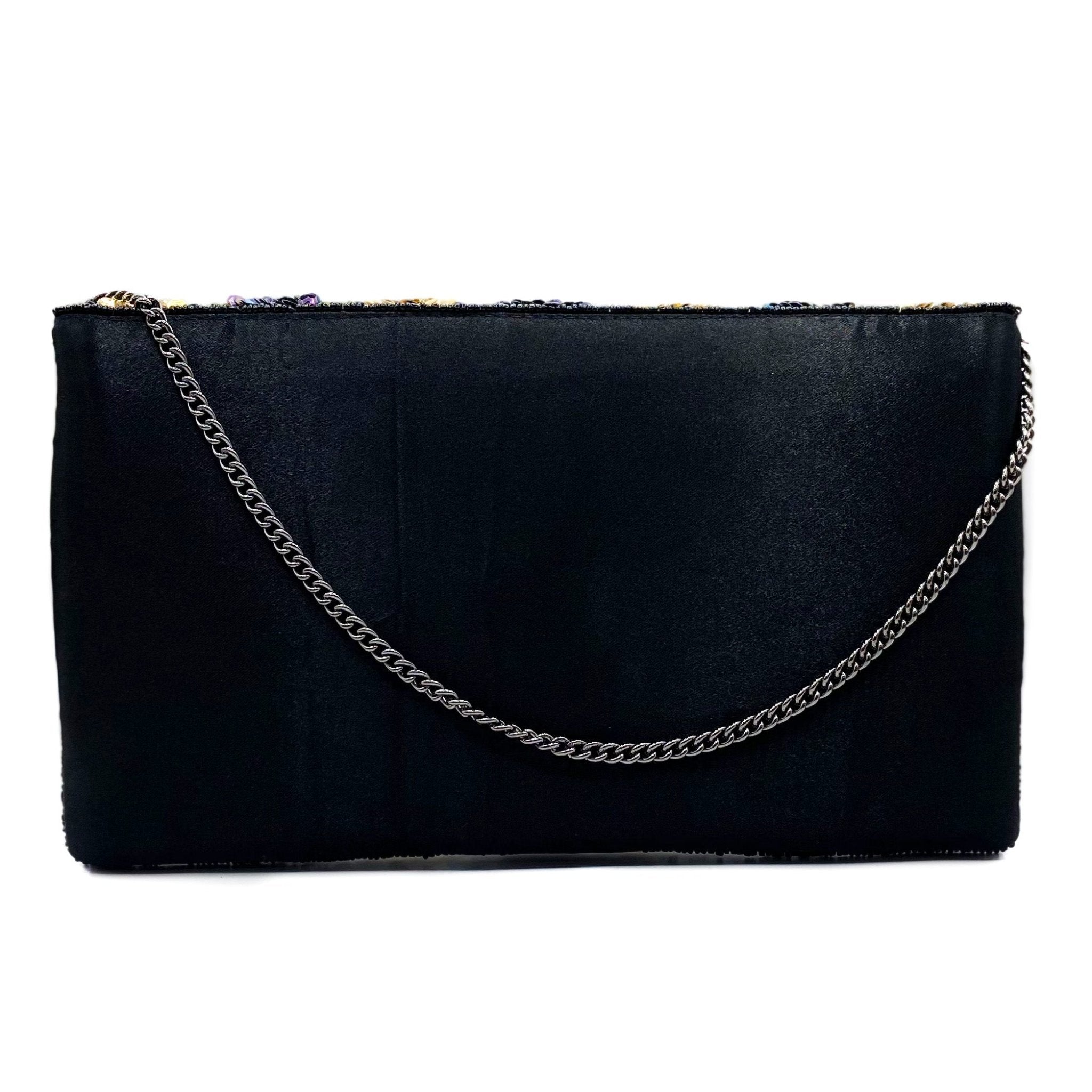 BLACK, GOLD & SILVER STRIPES BEADED CLUTCH