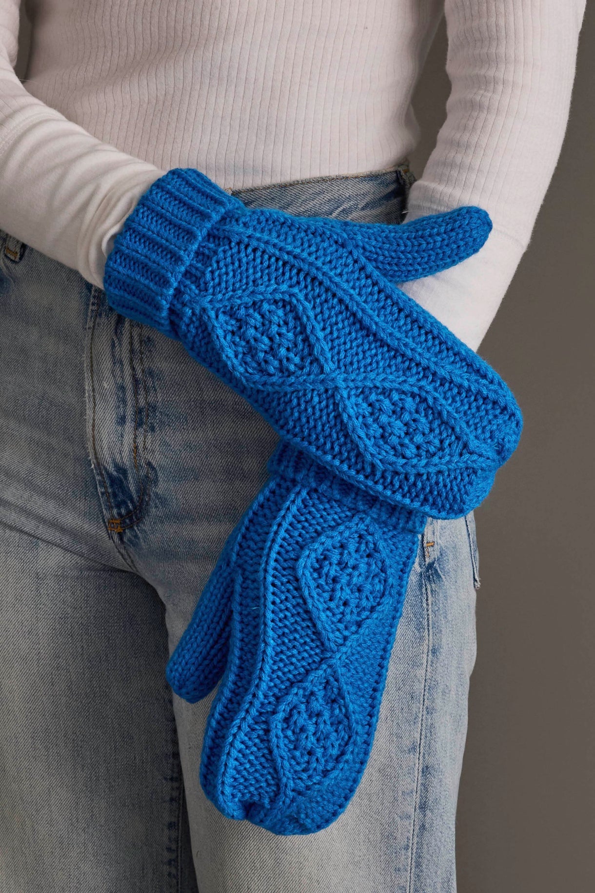 Blue Cable Knit Mittens - Juli's Wearable Art