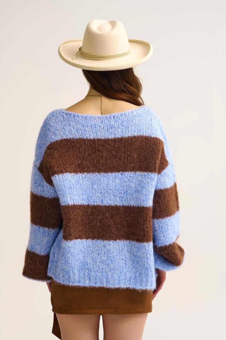 Blue Fluffy Striped Knit Sweater with Balloon Sleeves - Juli's Wearable Art