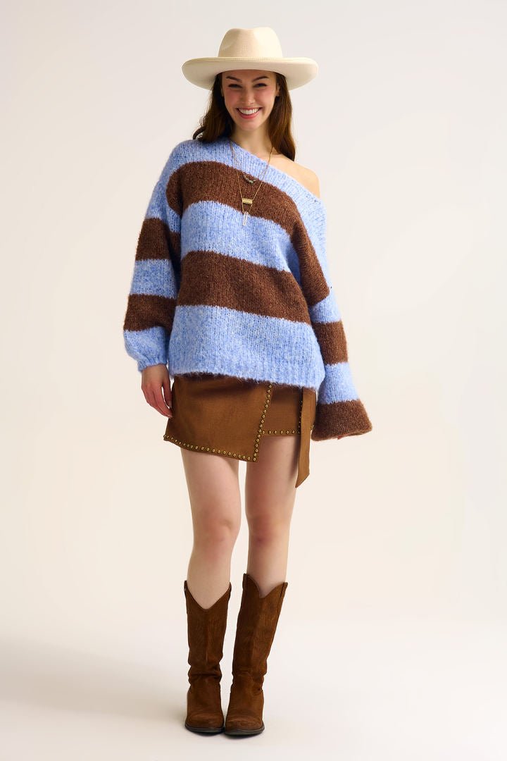Blue Fluffy Striped Knit Sweater with Balloon Sleeves - Juli's Wearable Art