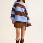 Blue Fluffy Striped Knit Sweater with Balloon Sleeves - Juli's Wearable Art