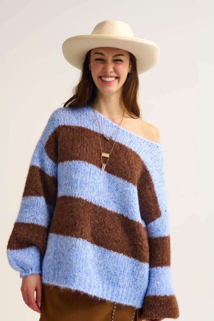 Blue Fluffy Striped Knit Sweater with Balloon Sleeves - Juli's Wearable Art