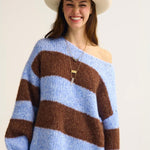 Blue Fluffy Striped Knit Sweater with Balloon Sleeves - Juli's Wearable Art