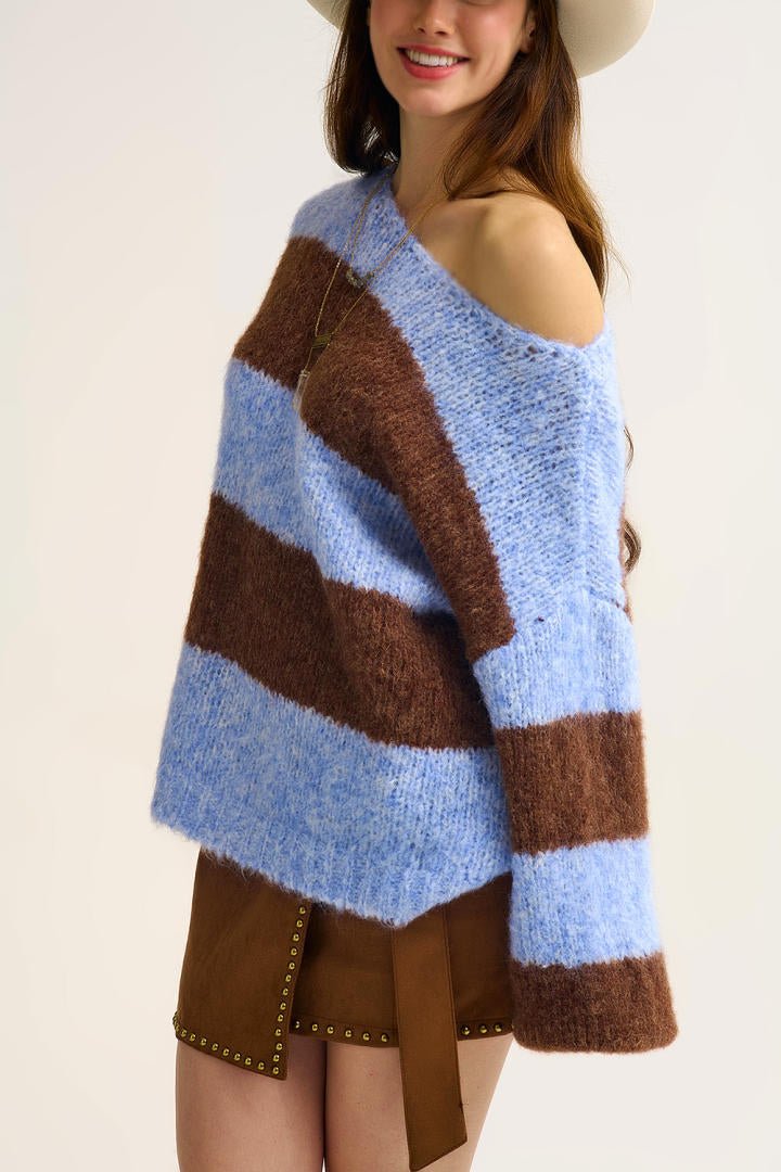 Blue Fluffy Striped Knit Sweater with Balloon Sleeves - Juli's Wearable Art