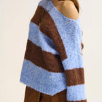 Blue Fluffy Striped Knit Sweater with Balloon Sleeves - Juli's Wearable Art
