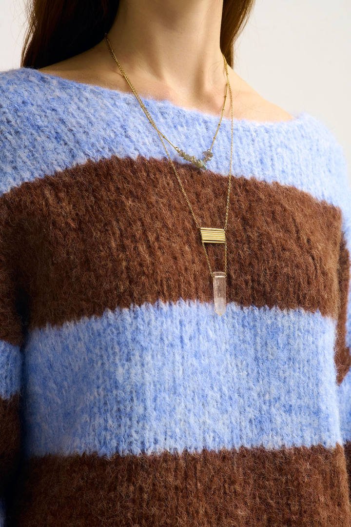 Blue Fluffy Striped Knit Sweater with Balloon Sleeves - Juli's Wearable Art