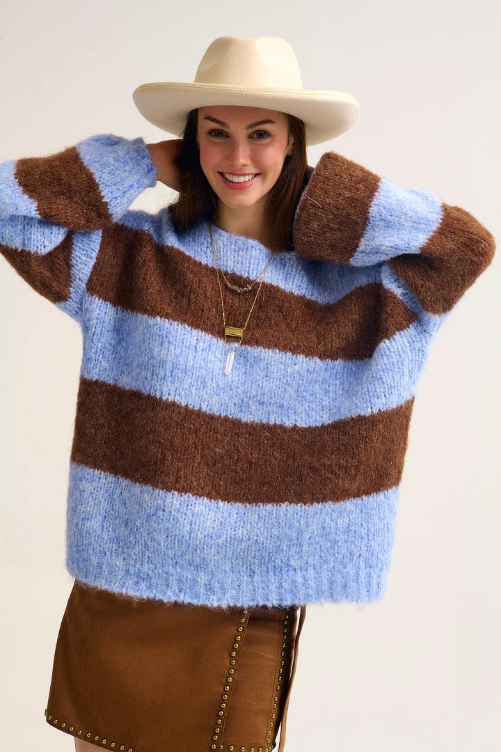 Blue Fluffy Striped Knit Sweater with Balloon Sleeves - Juli's Wearable Art
