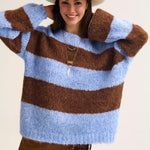 Blue Fluffy Striped Knit Sweater with Balloon Sleeves - Juli's Wearable Art