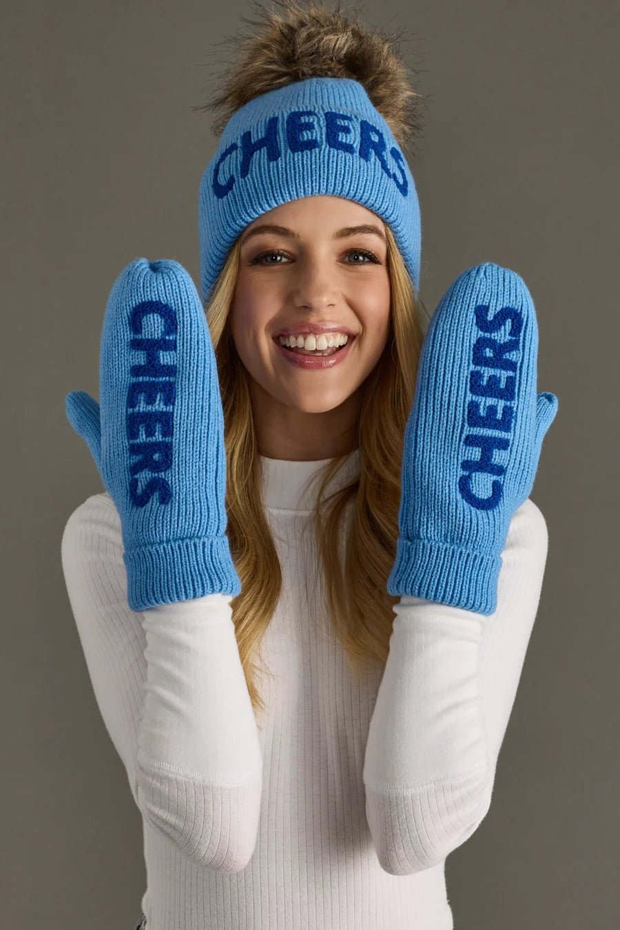 Blue Knit Mittens – “CHEERS” Design - Juli's Wearable Art