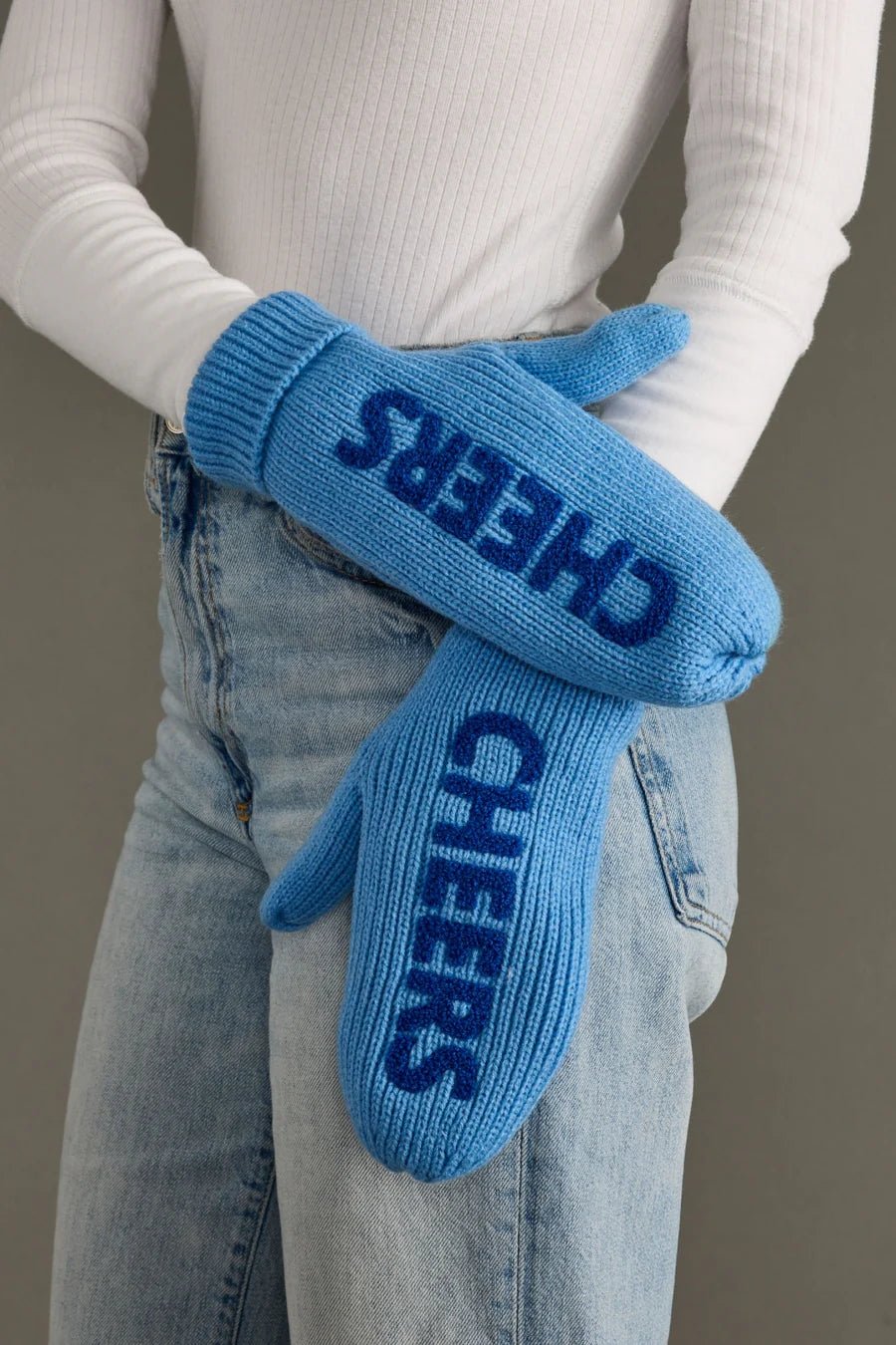 Blue Knit Mittens – “CHEERS” Design - Juli's Wearable Art
