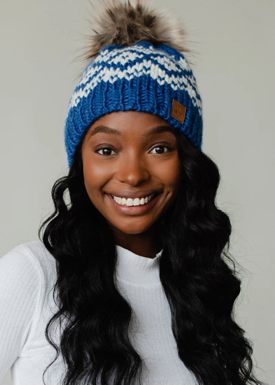 Blue & White Patterned Knit Pom Hat with Faux Fur Accent - Juli's Wearable Art