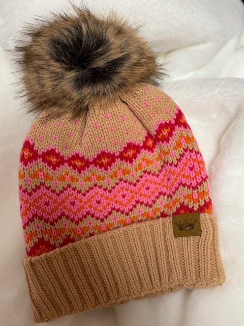Blush, Pink, and Orange Patterned Knit Pom Hat - Juli's Wearable Art