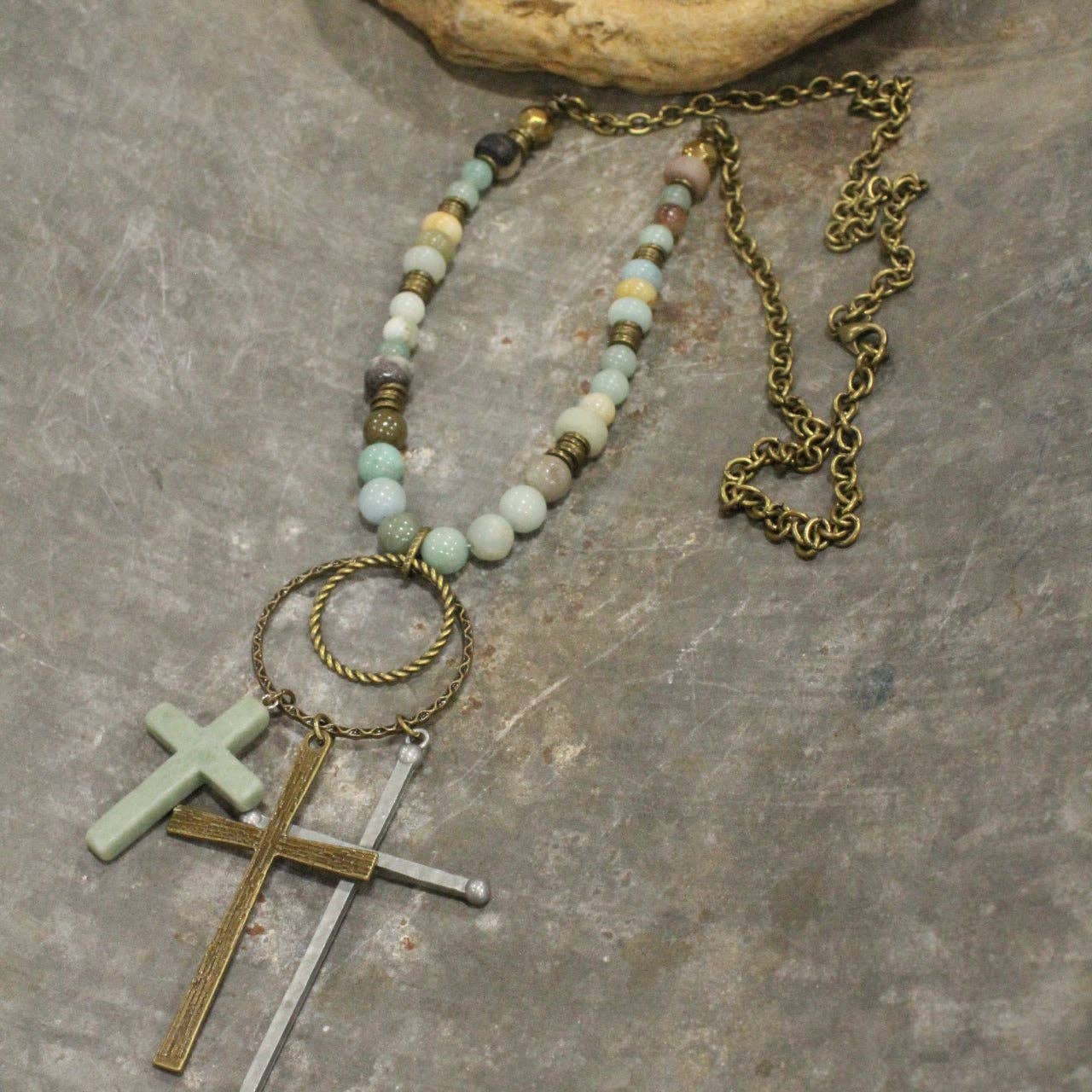 Bohemian Cross & Mixed Mint Stone Necklace - Juli's Wearable Art