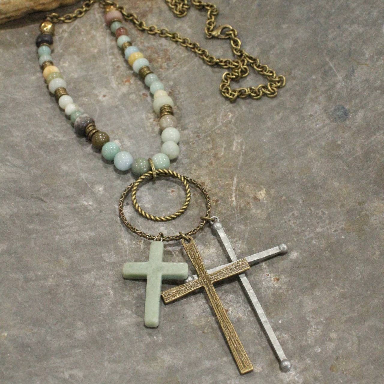 Bohemian Cross & Mixed Mint Stone Necklace - Juli's Wearable Art