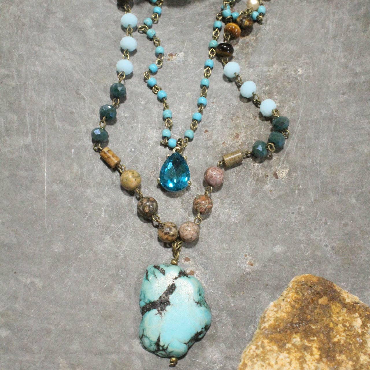 Bohemian Crystal & Turquoise Stone Drop Layered Necklace - Juli's Wearable Art