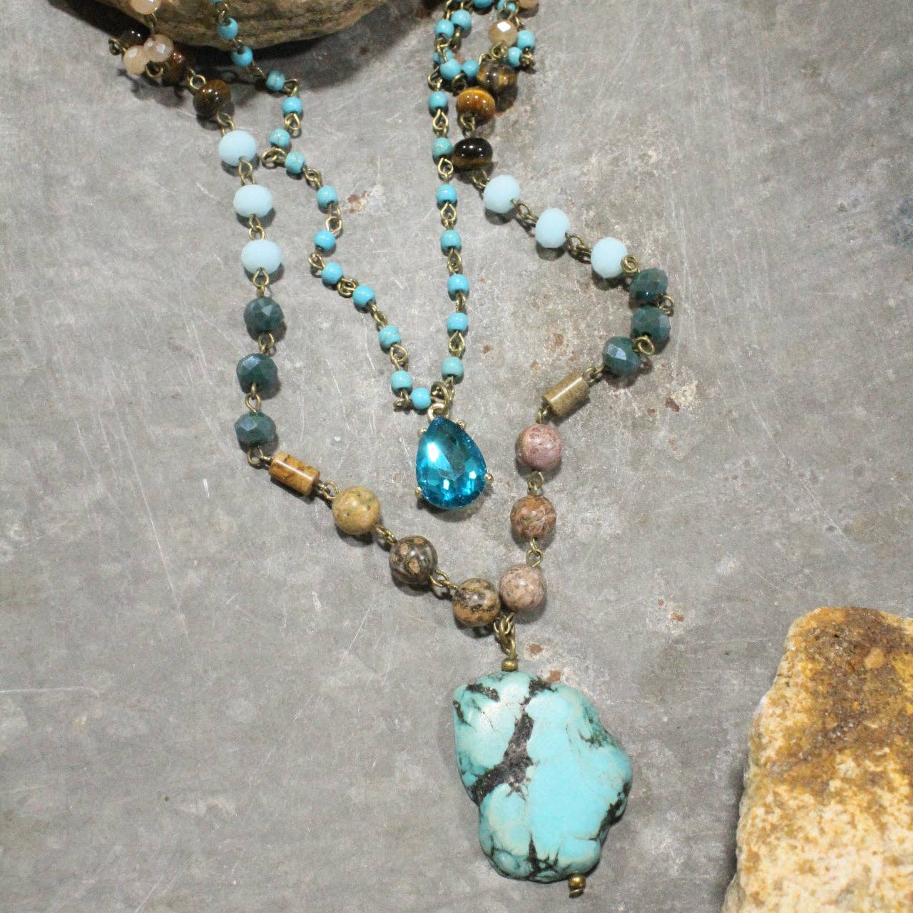 Bohemian Crystal & Turquoise Stone Drop Layered Necklace - Juli's Wearable Art