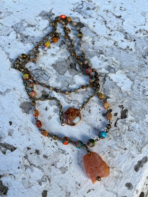 Bohemian Layered Rusty Orange Stone & Crystal Necklace - Juli's Wearable Art
