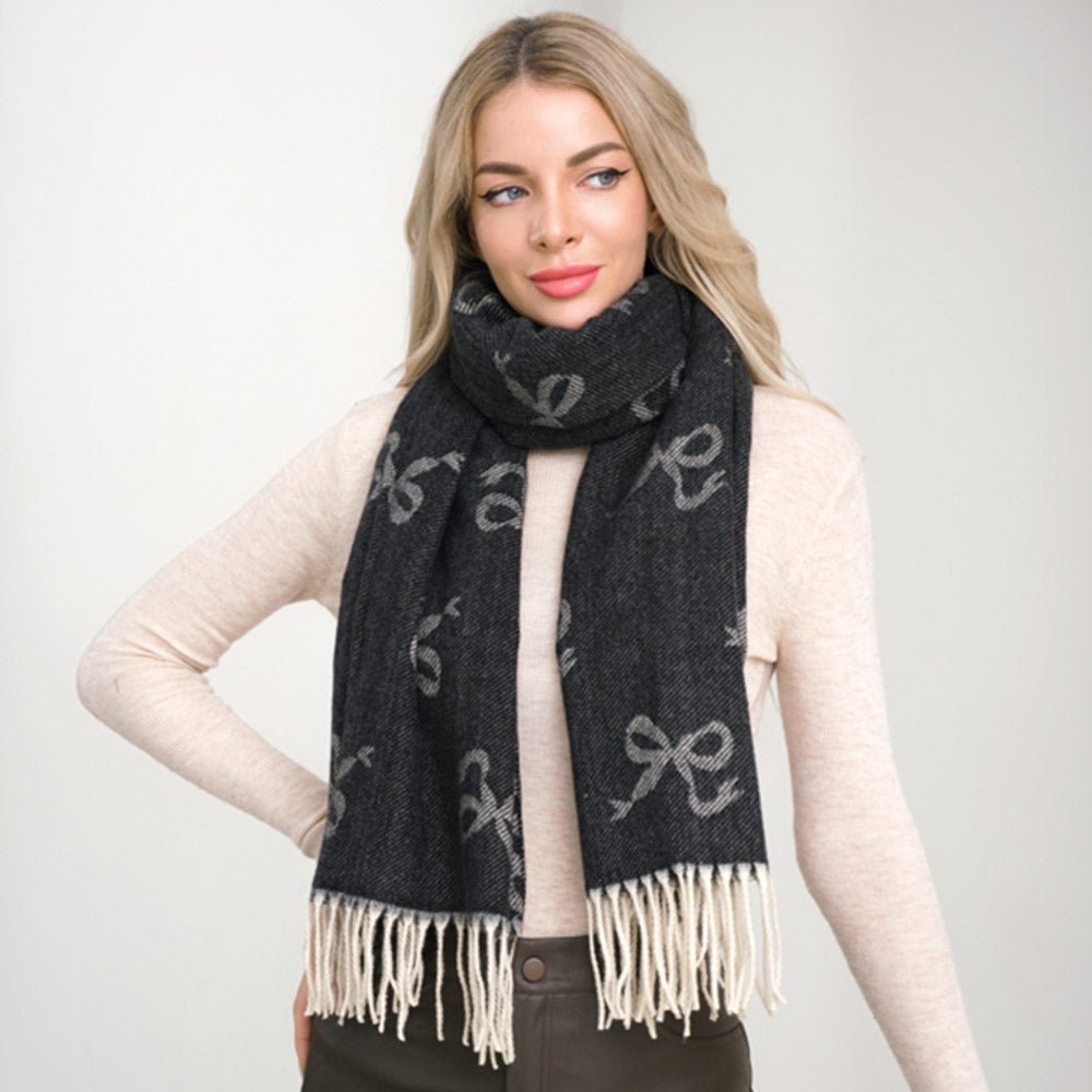 Bow Print Tassel Wrap Around Scarves - Juli's Wearable Art
