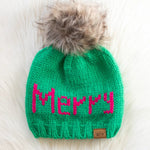 Bright Green Knit Pom Hat – “Merry” Design - Juli's Wearable Art