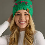 Bright Green Knit Pom Hat – “Merry” Design - Juli's Wearable Art