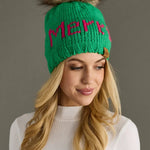 Bright Green Knit Pom Hat – “Merry” Design - Juli's Wearable Art