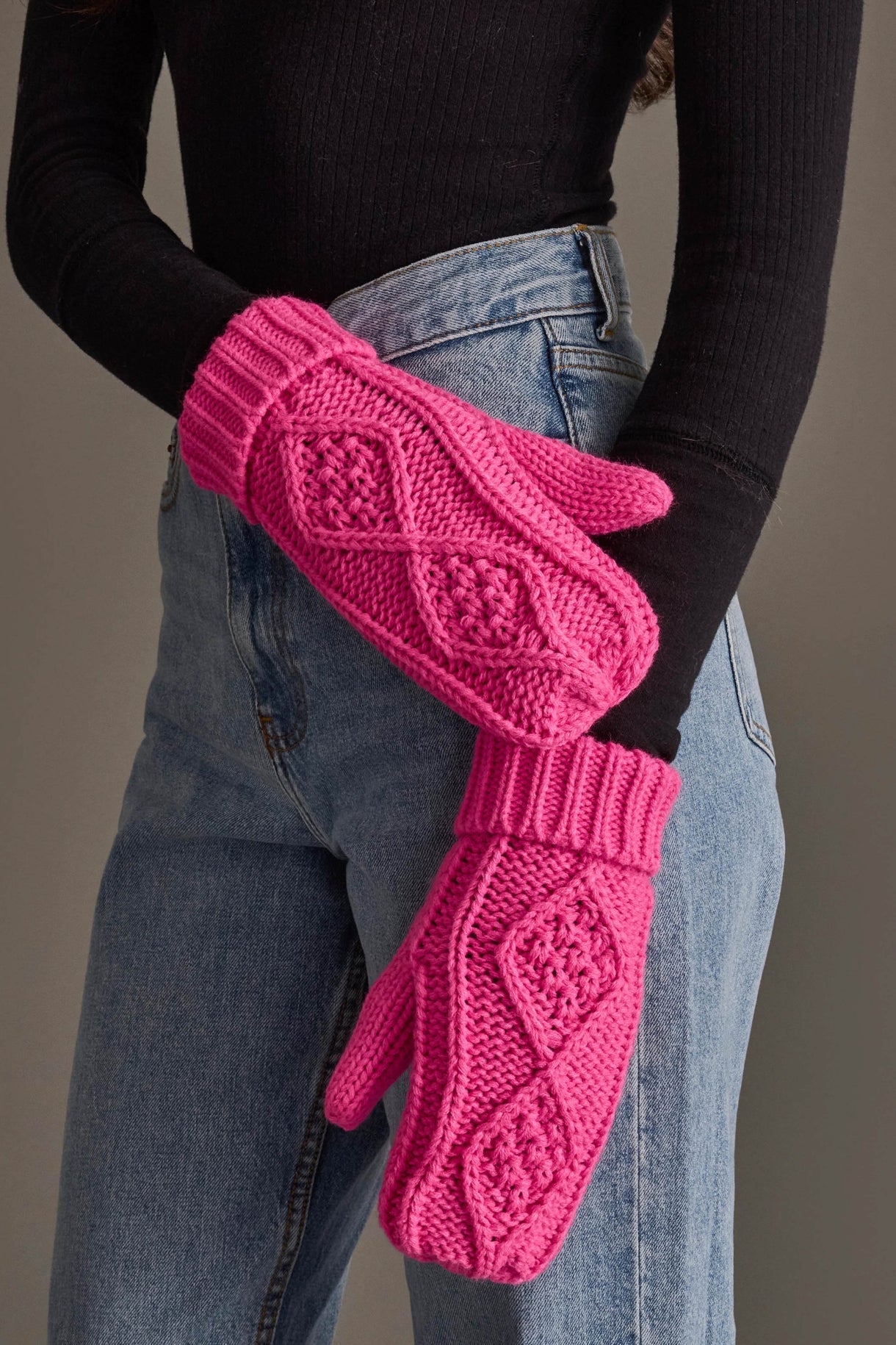 Bright Pink Cable Knit Mittens - Juli's Wearable Art