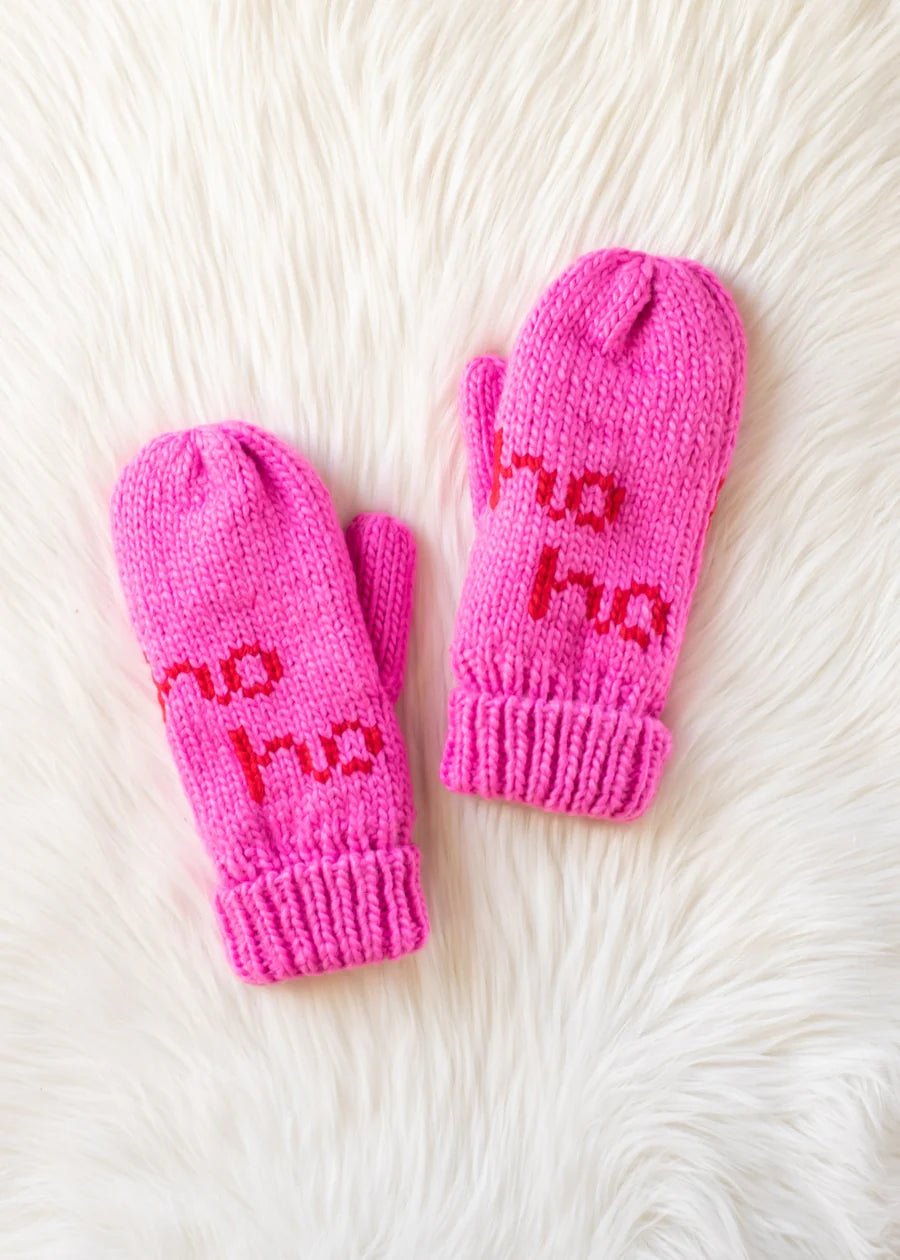 Bright Pink Knit Mittens – “Ho Ho Ho” Design - Juli's Wearable Art