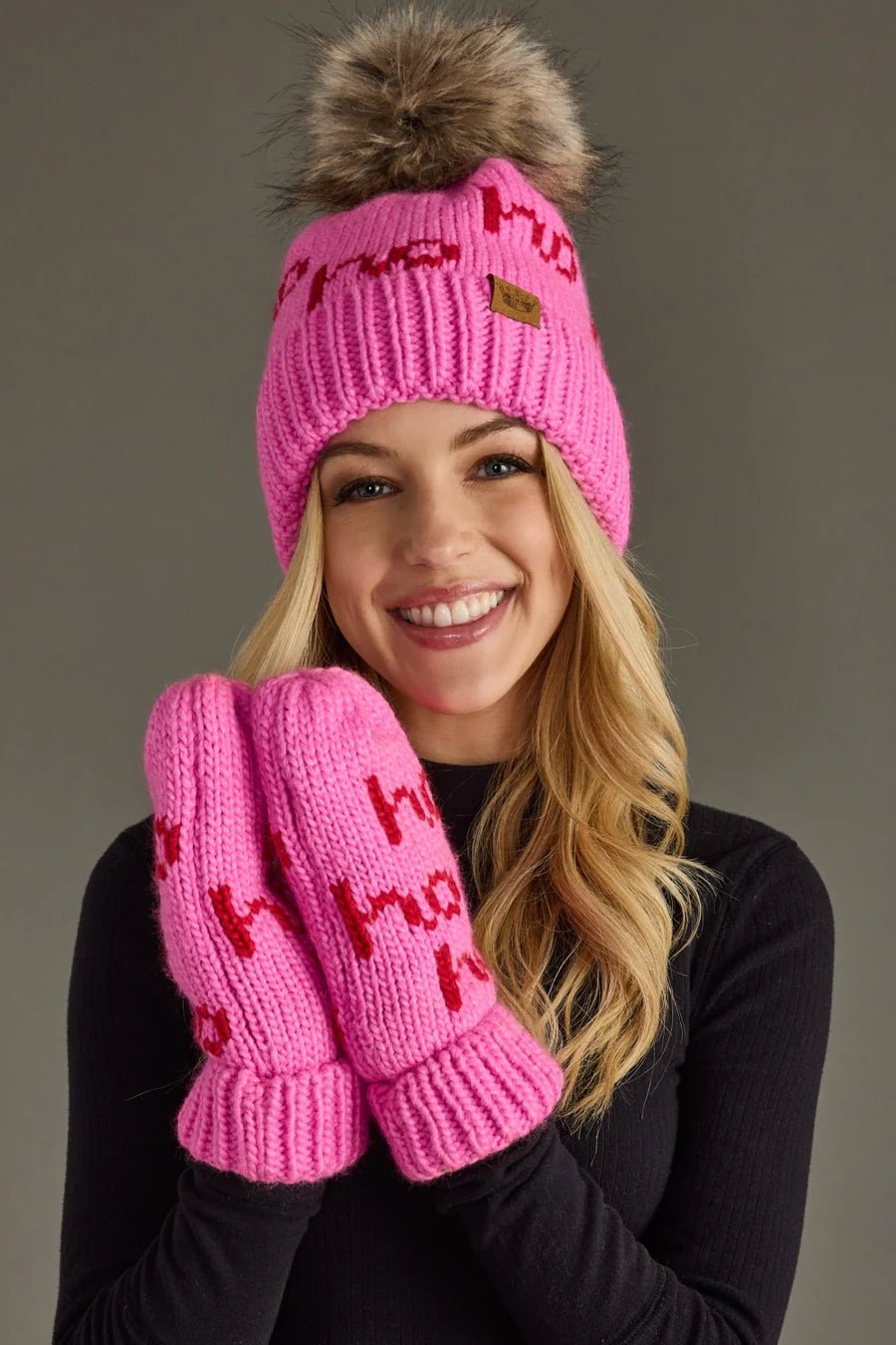 Bright Pink Knit Mittens – “Ho Ho Ho” Design - Juli's Wearable Art
