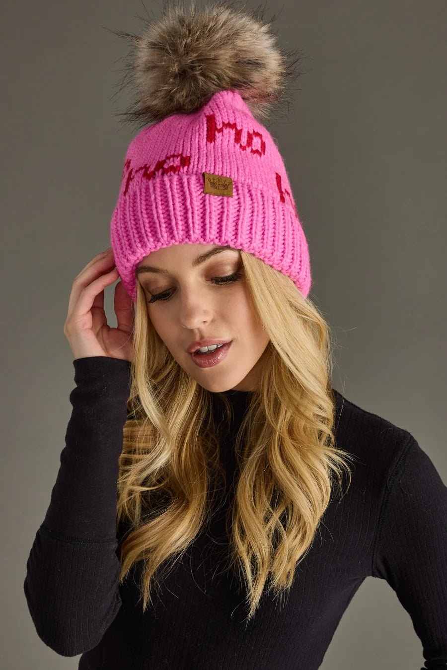 Bright Pink Knit Pom Hat – “Ho Ho Ho” Design - Juli's Wearable Art