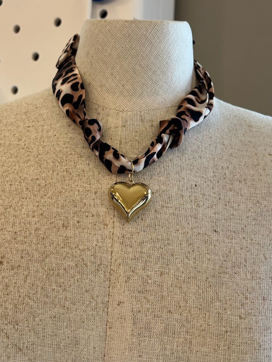 Brown Leopard Scarf Necklace with Gold Heart Charm - Juli's Wearable Art