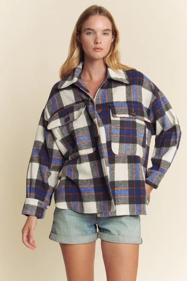 Brushed Plaid Button Down Pocket Shacket – Blue Combo - Juli's Wearable Art