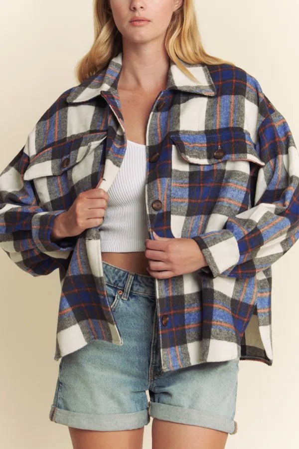 Brushed Plaid Button Down Pocket Shacket – Blue Combo - Juli's Wearable Art