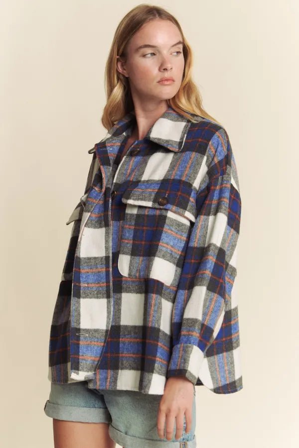 Brushed Plaid Button Down Pocket Shacket – Blue Combo - Juli's Wearable Art