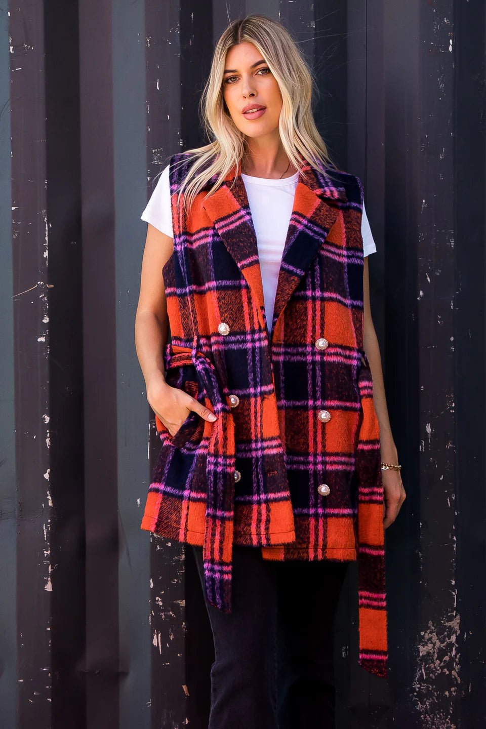 Brushed Wool - Like Plaid Double Breasted Vest - Juli's Wearable Art