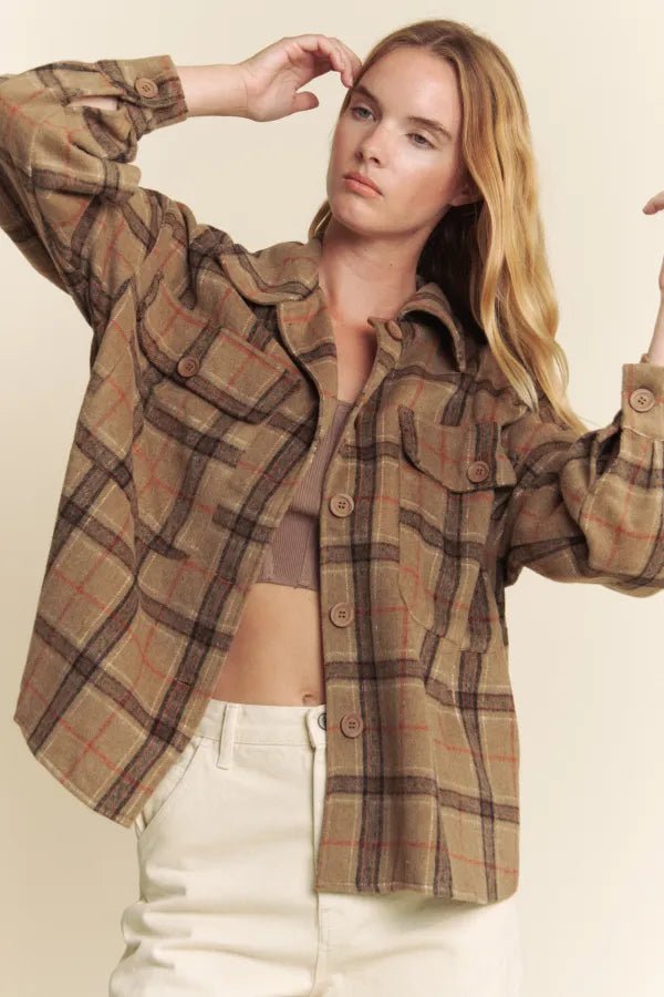 Button Down Long Sleeve Plaid Shacket – Mocha - Juli's Wearable Art