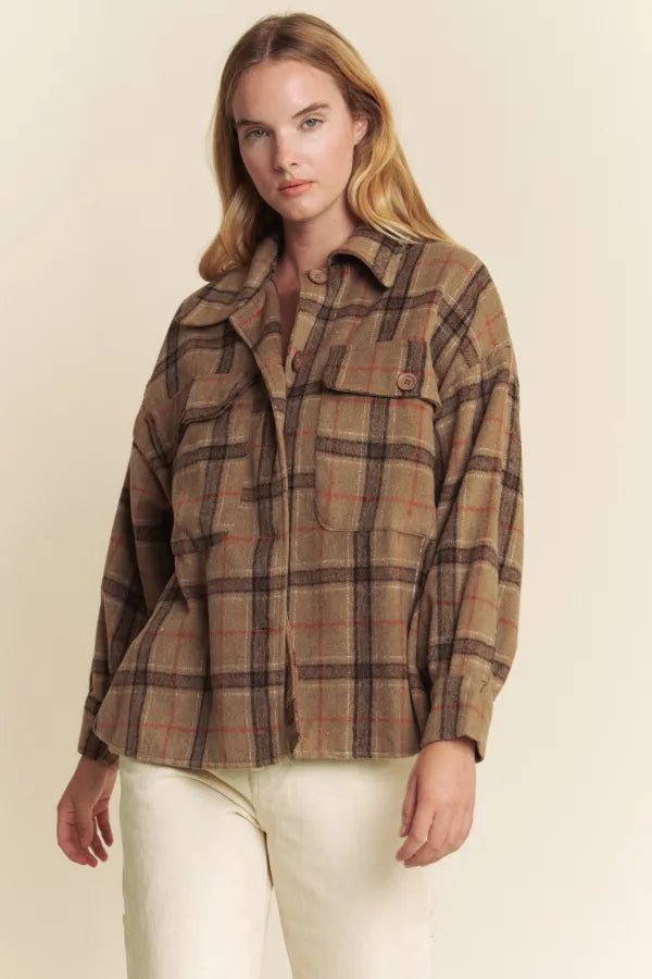 Button Down Long Sleeve Plaid Shacket – Mocha - Juli's Wearable Art