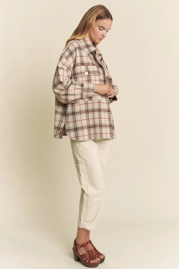 Button Down Long Sleeve Plaid Shacket – Taupe - Juli's Wearable Art