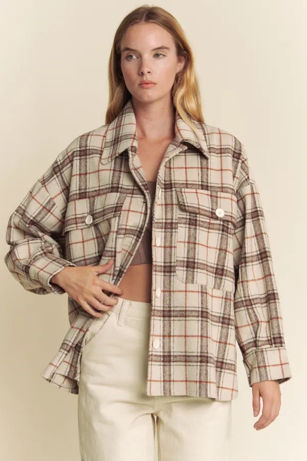 Button Down Long Sleeve Plaid Shacket – Taupe