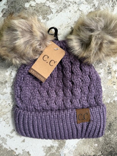 Cable Knit Double Pom Beanie – Violet - Juli's Wearable Art