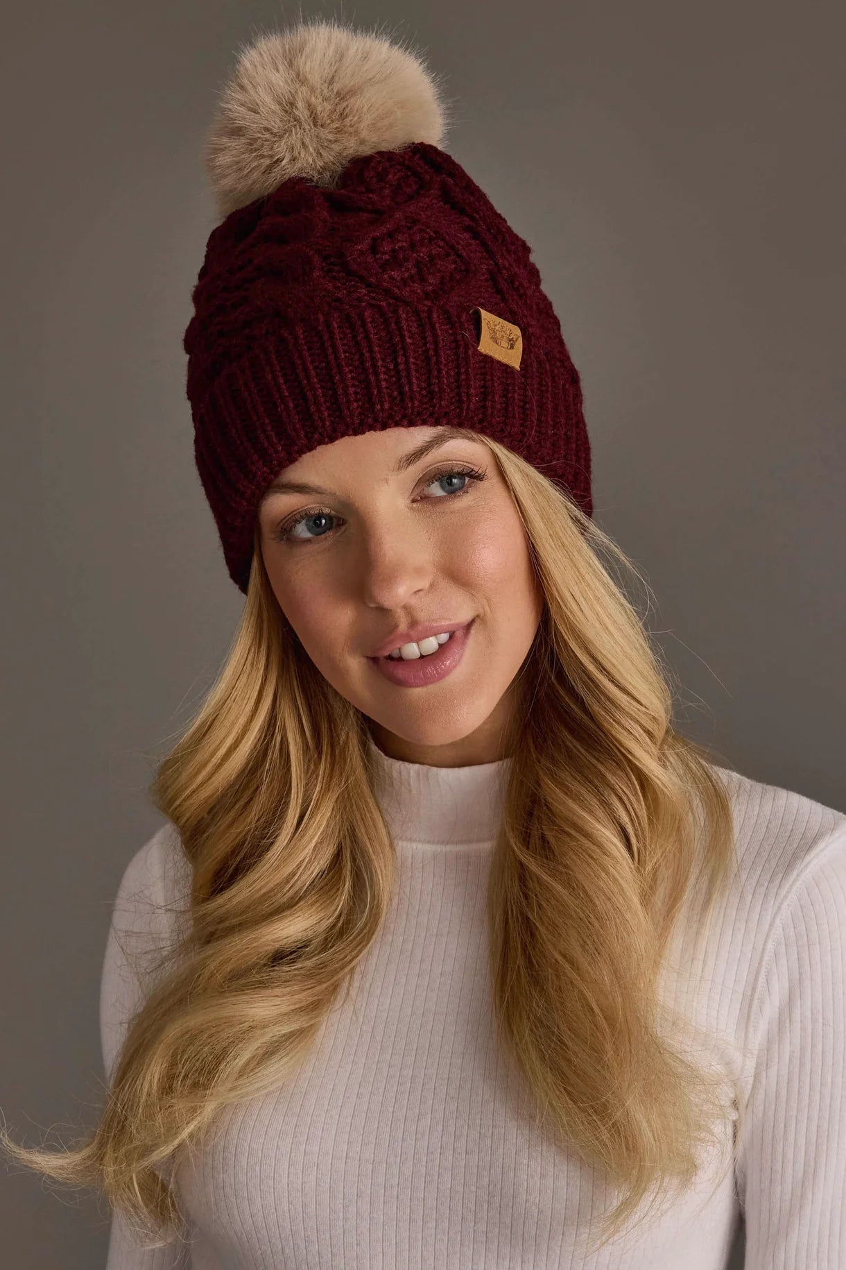 Cable Knit Faux Fur Pom Hat | Burgundy - Juli's Wearable Art