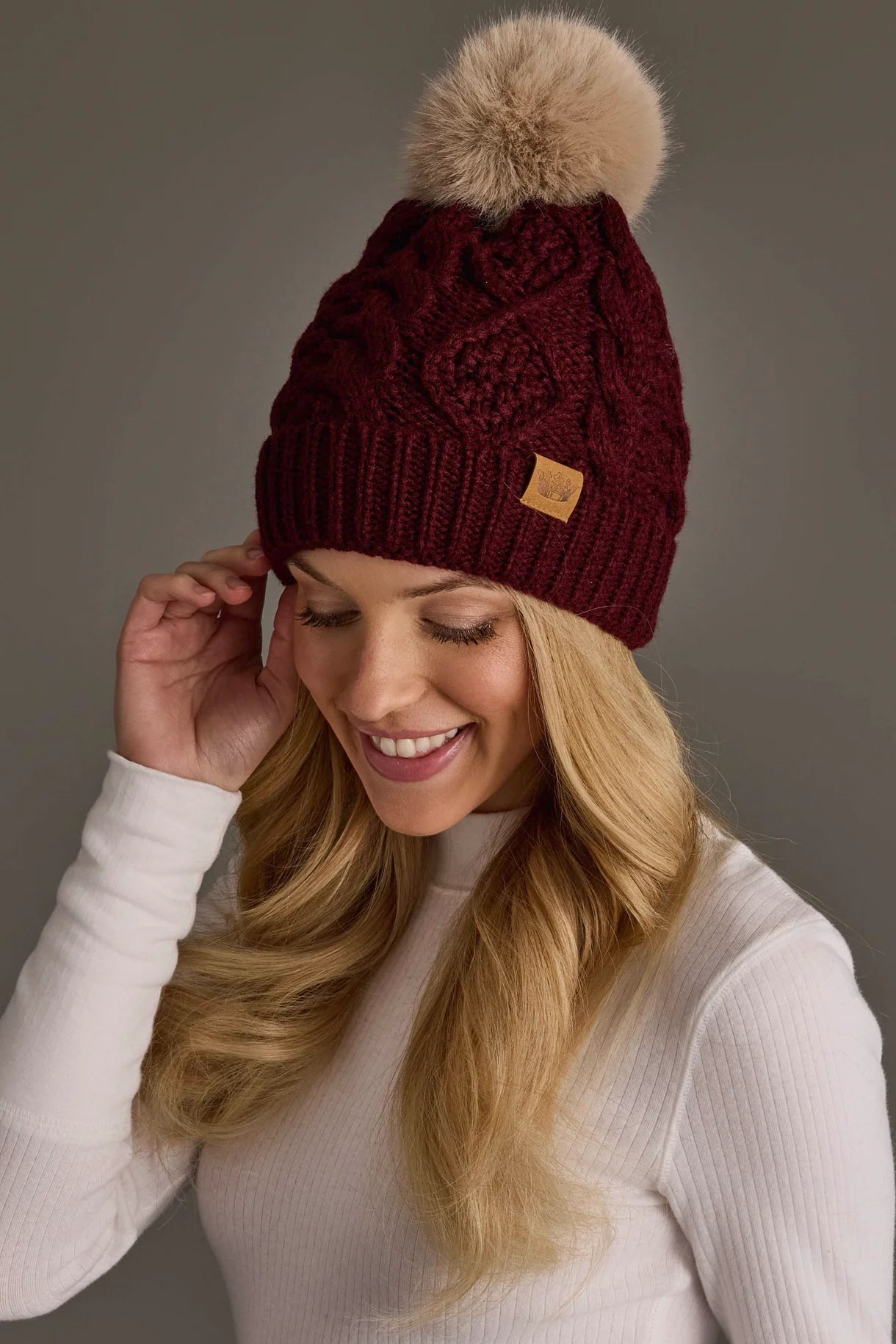 Cable Knit Faux Fur Pom Hat | Burgundy - Juli's Wearable Art