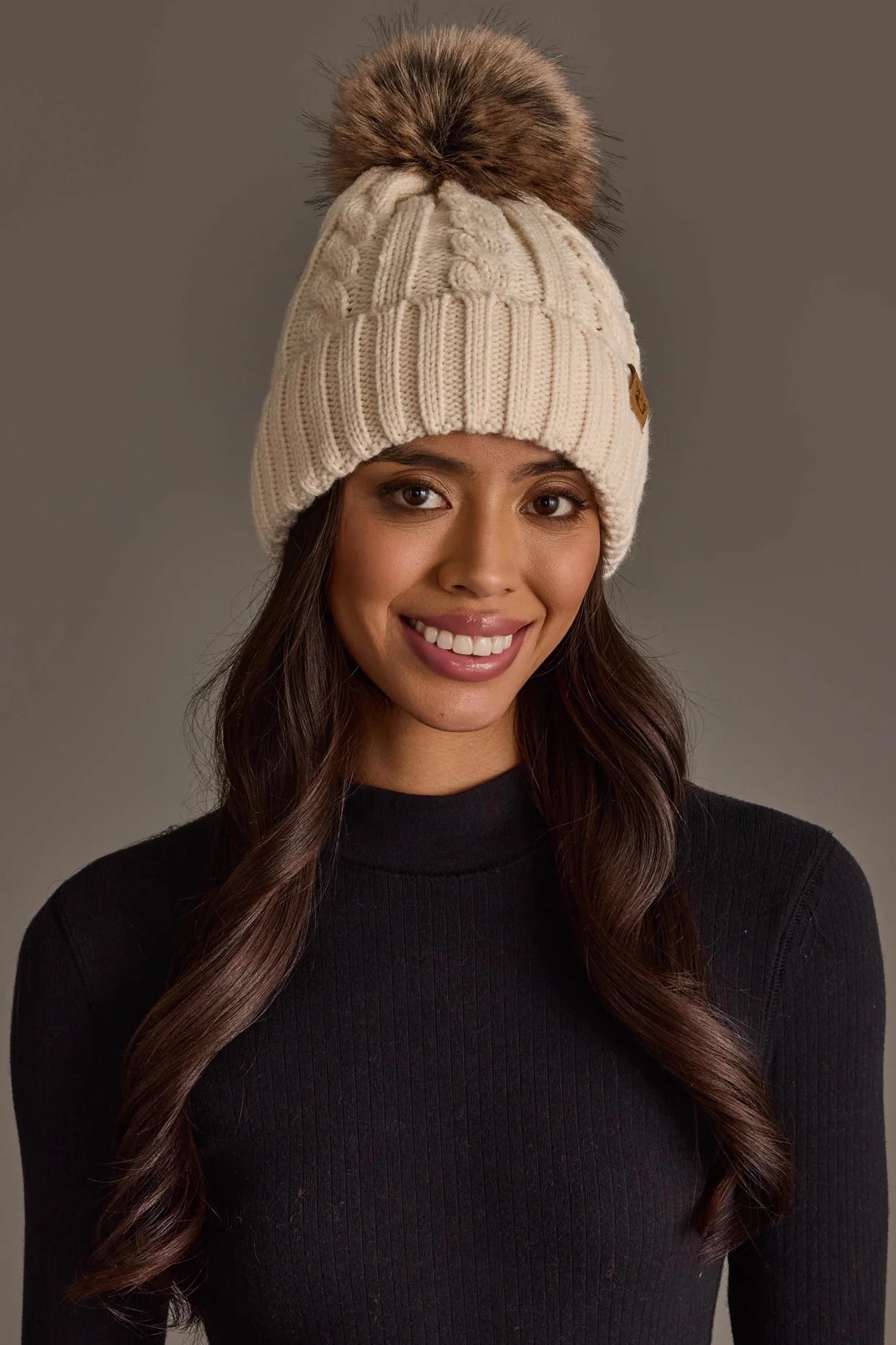 Cable Knit Faux Fur Pom Hat | Cream - Juli's Wearable Art