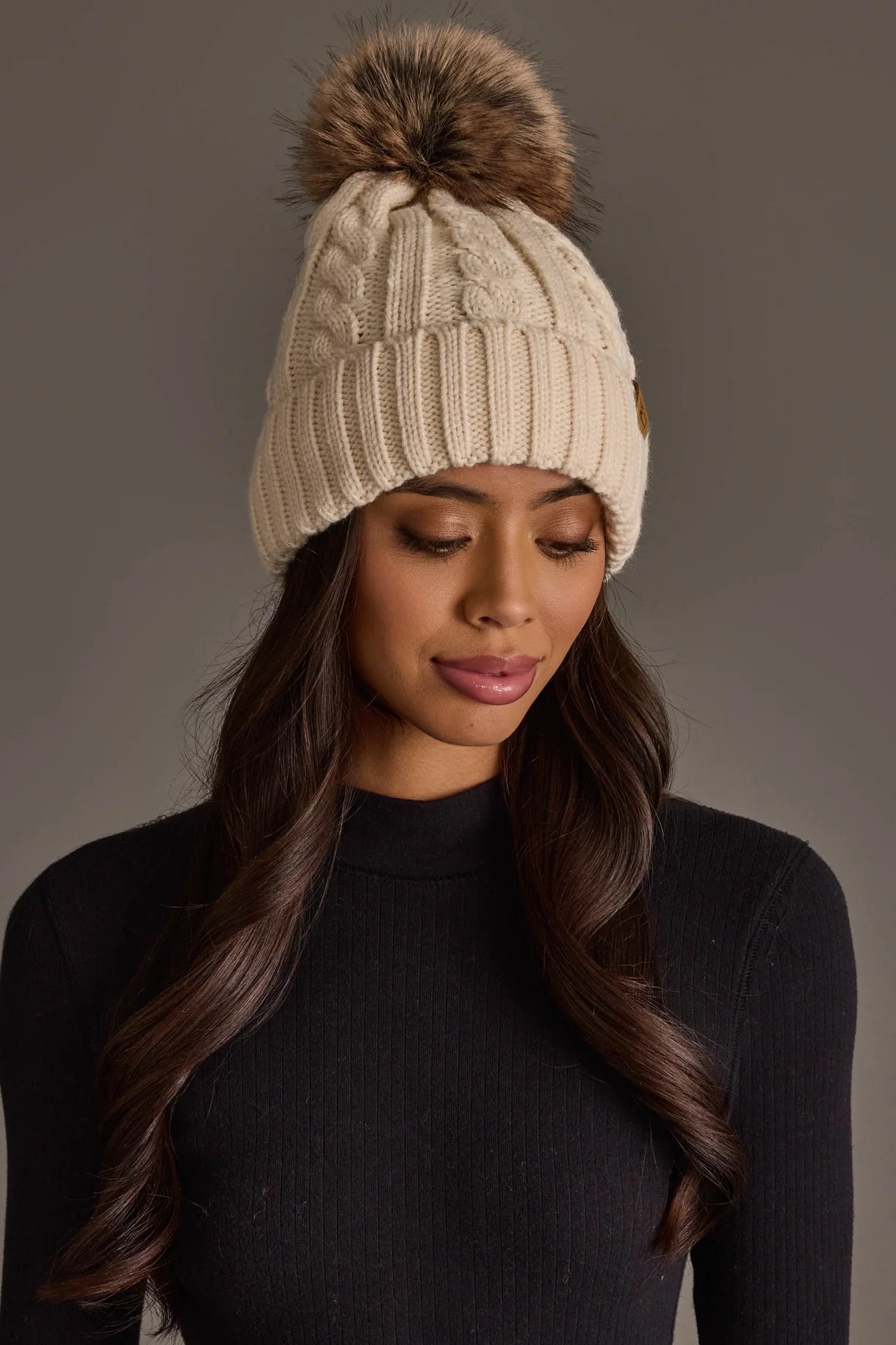 Cable Knit Faux Fur Pom Hat | Cream - Juli's Wearable Art