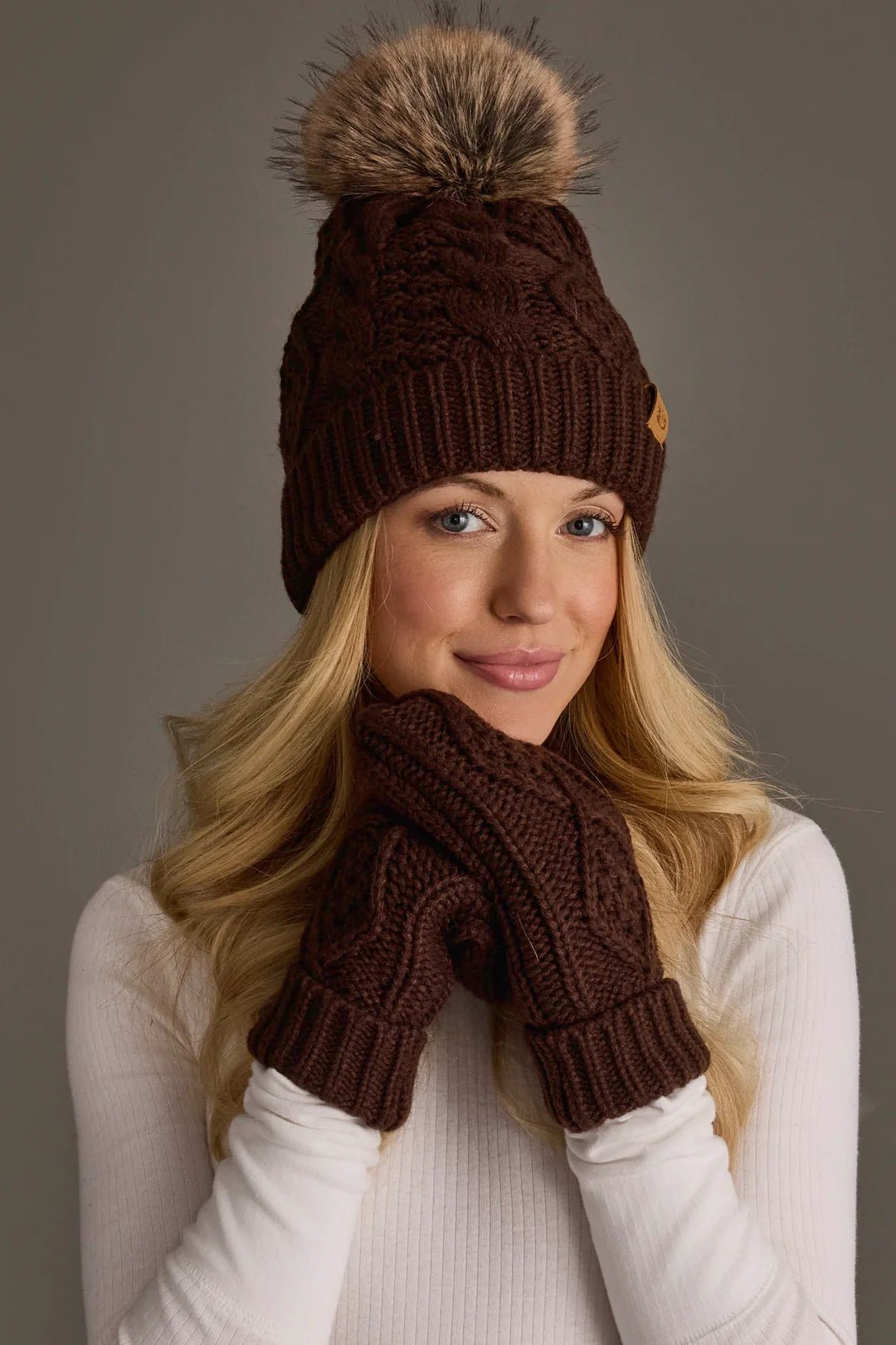 Cable Knit Faux Fur Pom Hat | Dark Brown - Juli's Wearable Art