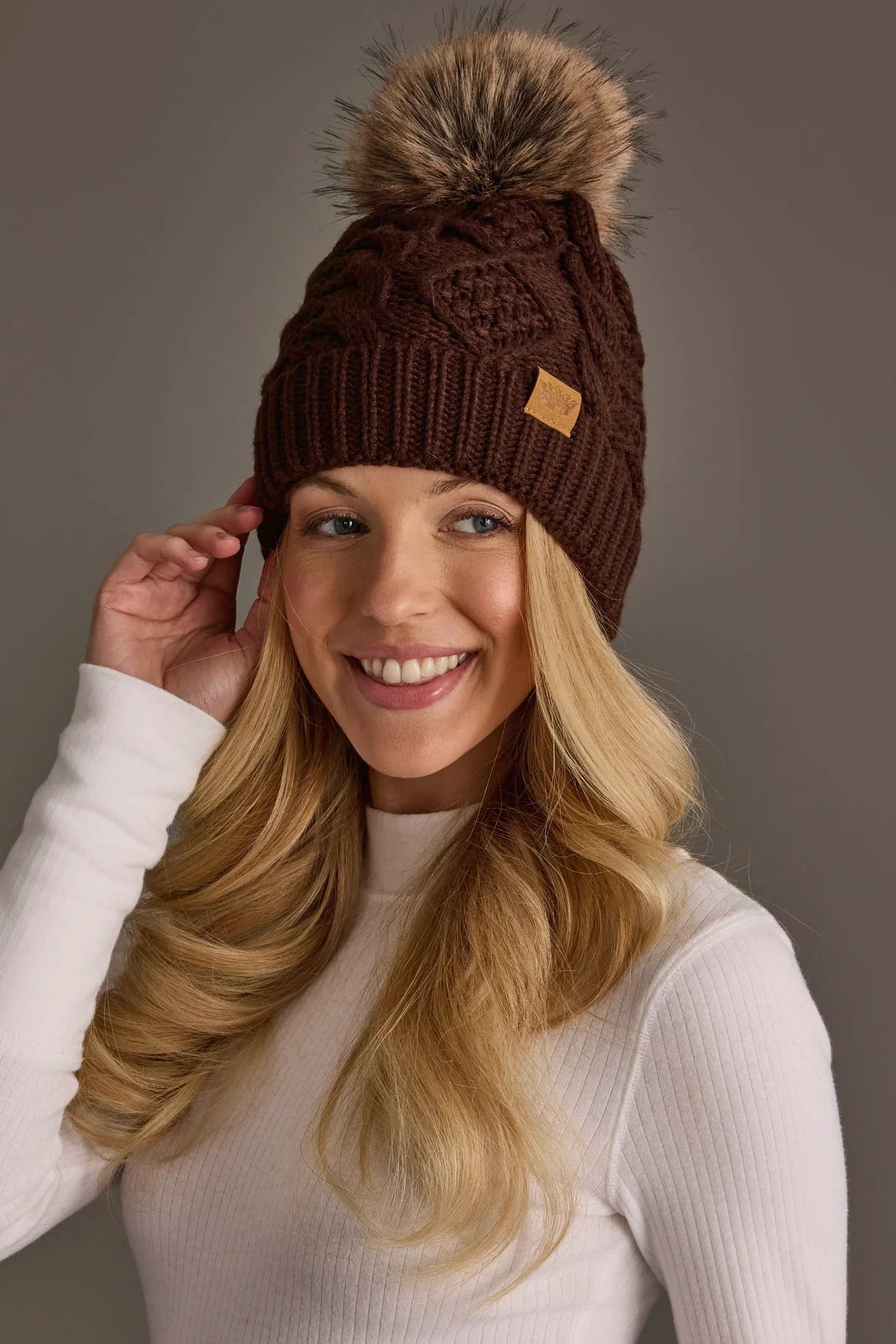 Cable Knit Faux Fur Pom Hat | Dark Brown - Juli's Wearable Art
