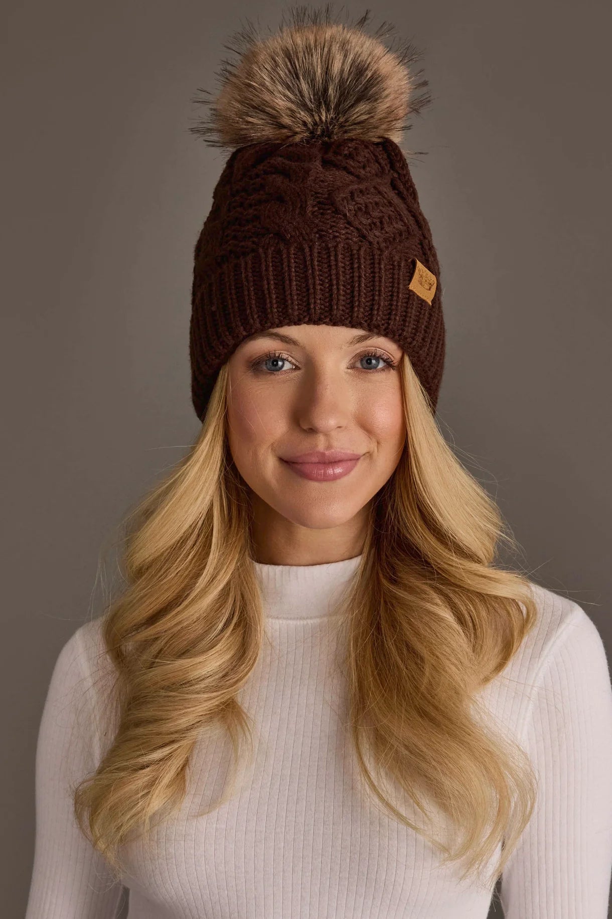 Cable Knit Faux Fur Pom Hat | Dark Brown - Juli's Wearable Art
